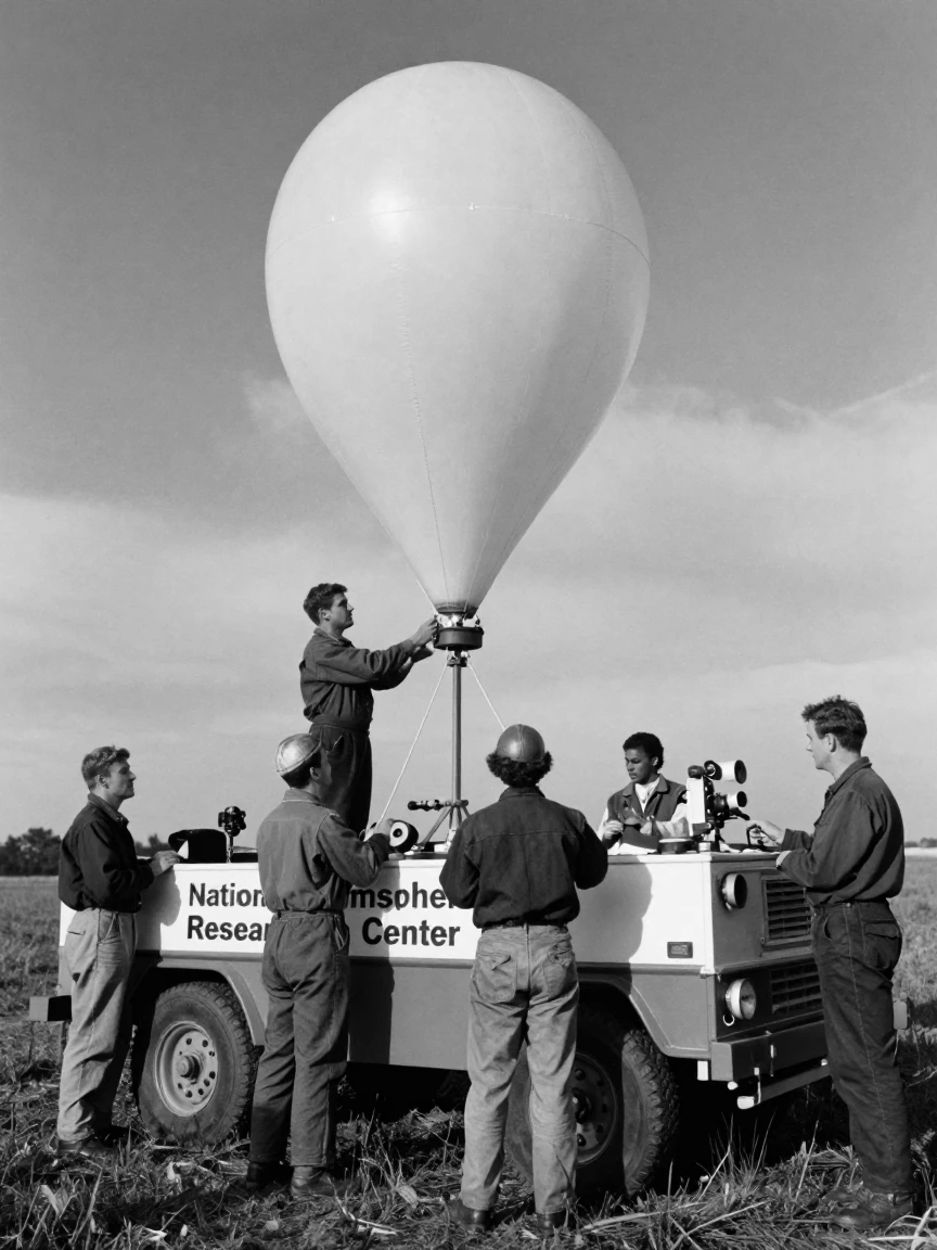 A group of engineers launches a weather balloon beside a mobile tracking station.