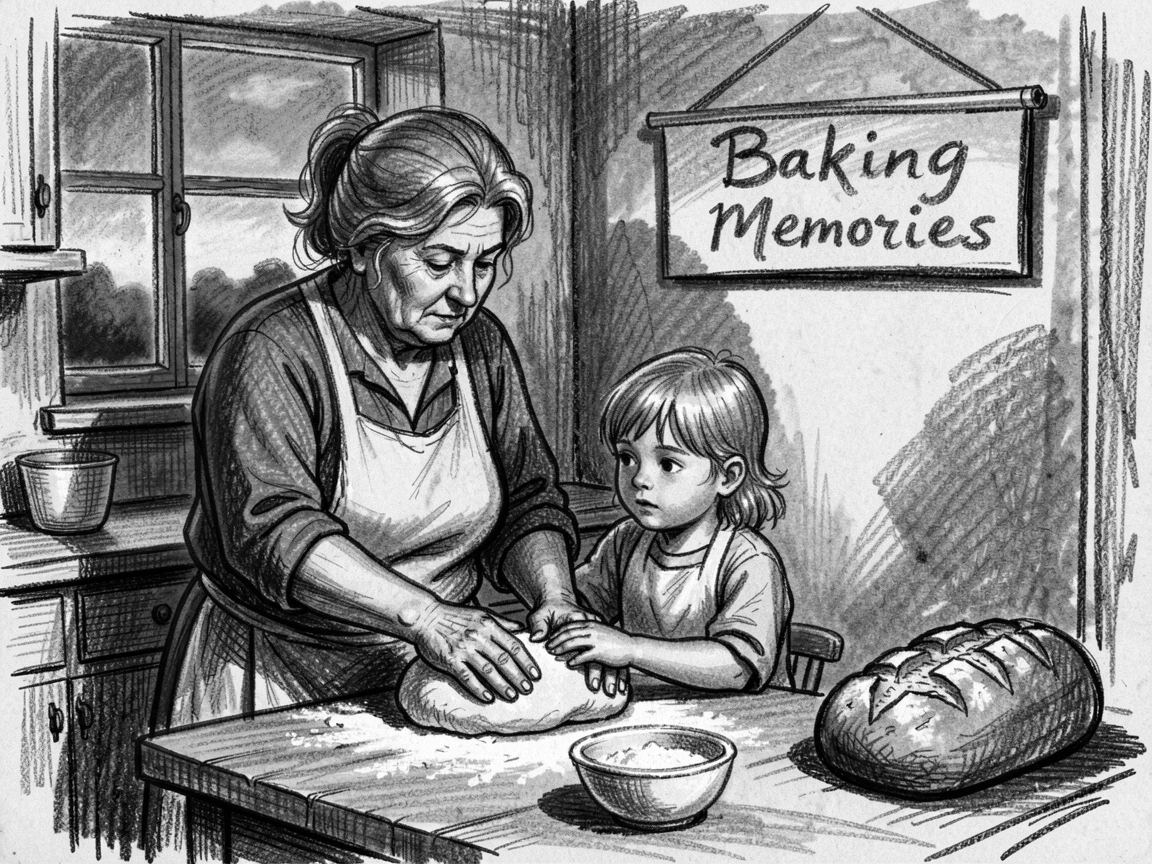 A grandmother teaching her grandchild to bake bread, as the last light of day fades to dusk.