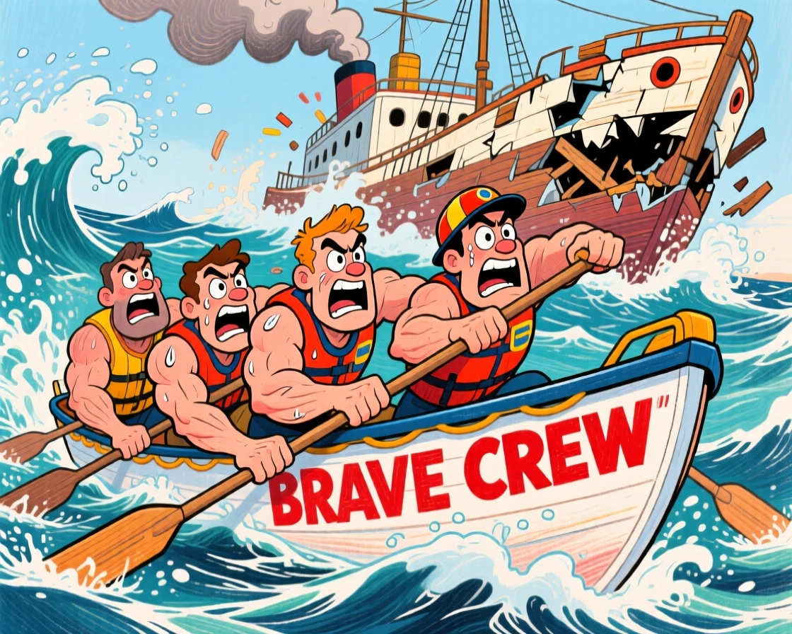 A brave lifeboat crew rowing hard through crashing waves toward a sinking ship.