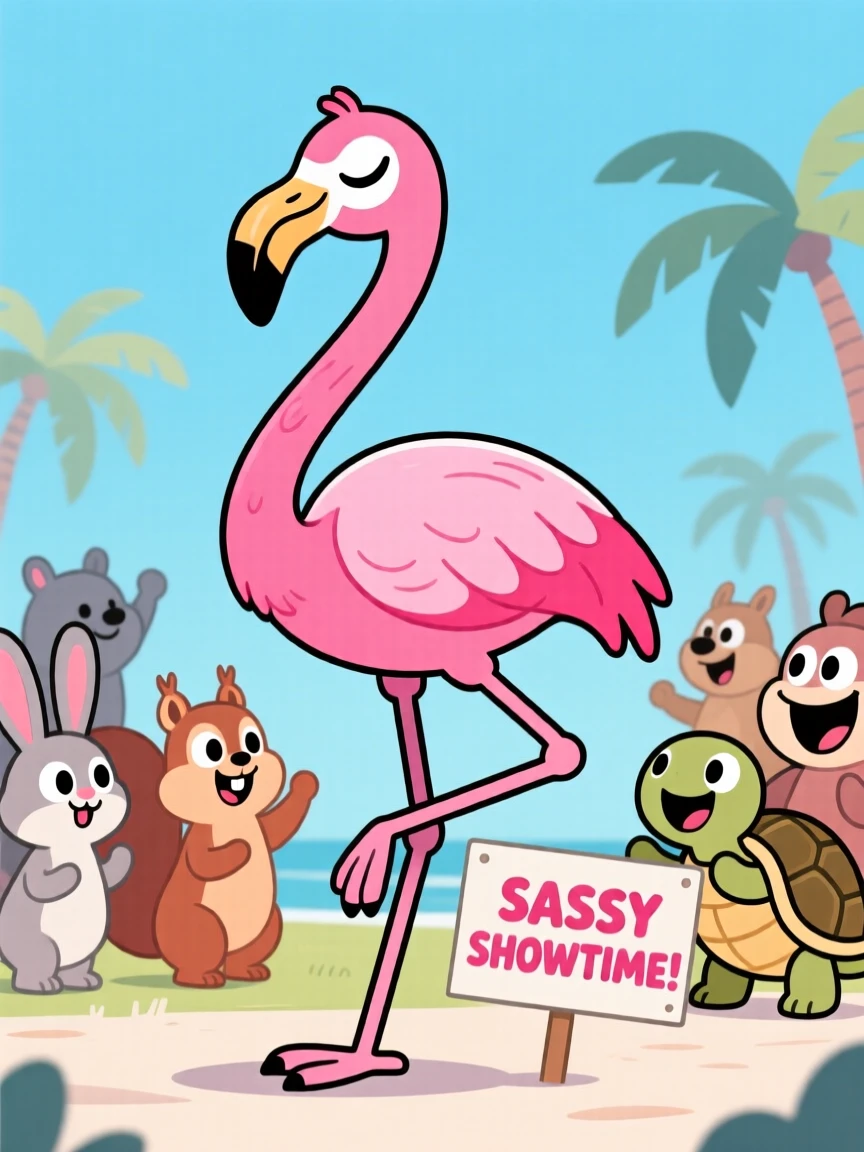 A charming animal moment featuring a sassy flamingo showing off in front of an admiring group of onlookers, with feathers or fur puffed out dramatically.