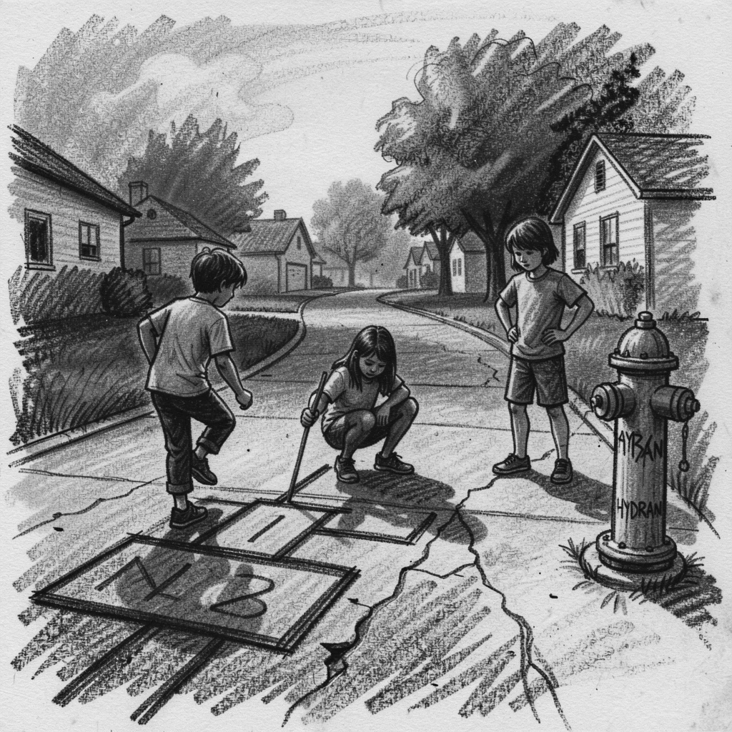 Children playing hopscotch on a neighborhood sidewalk, as the last light of day fades to dusk.