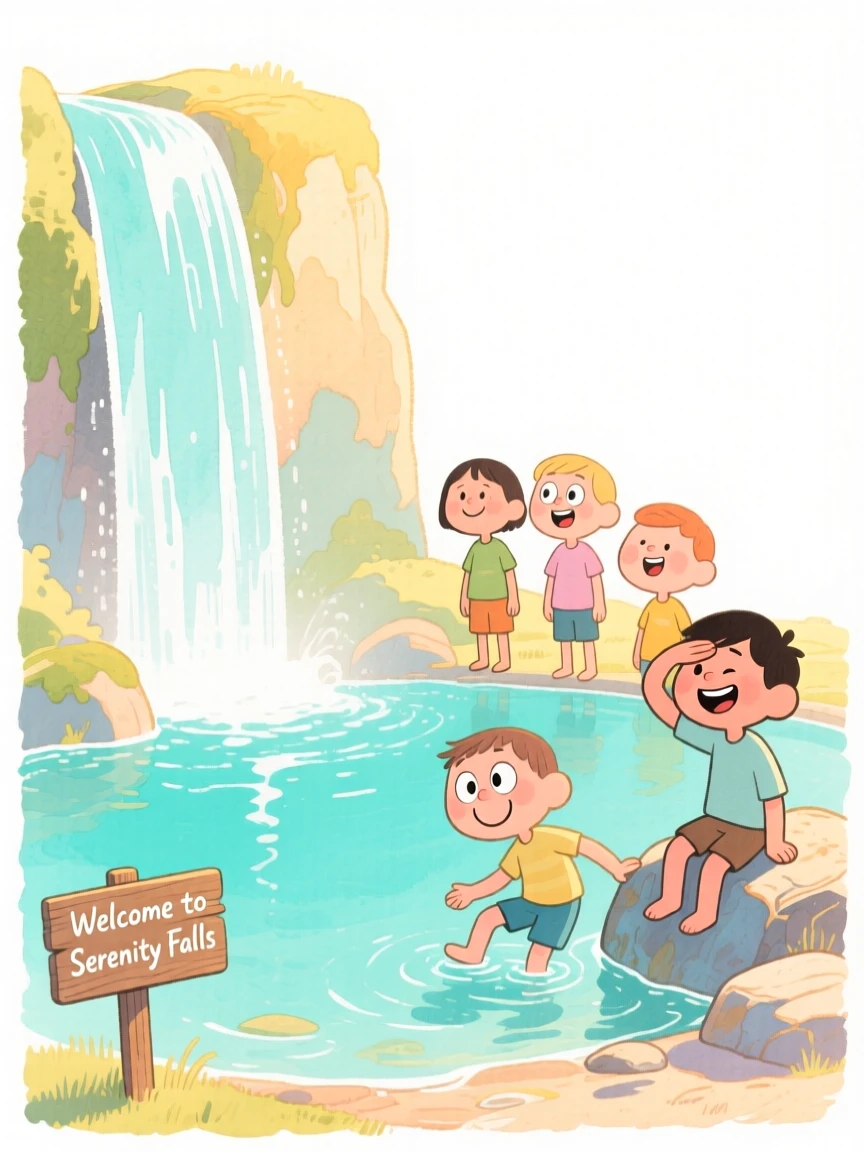 A serene landscape of a tranquil waterfall cascading into a turquoise pool bathed in warm afternoon sun