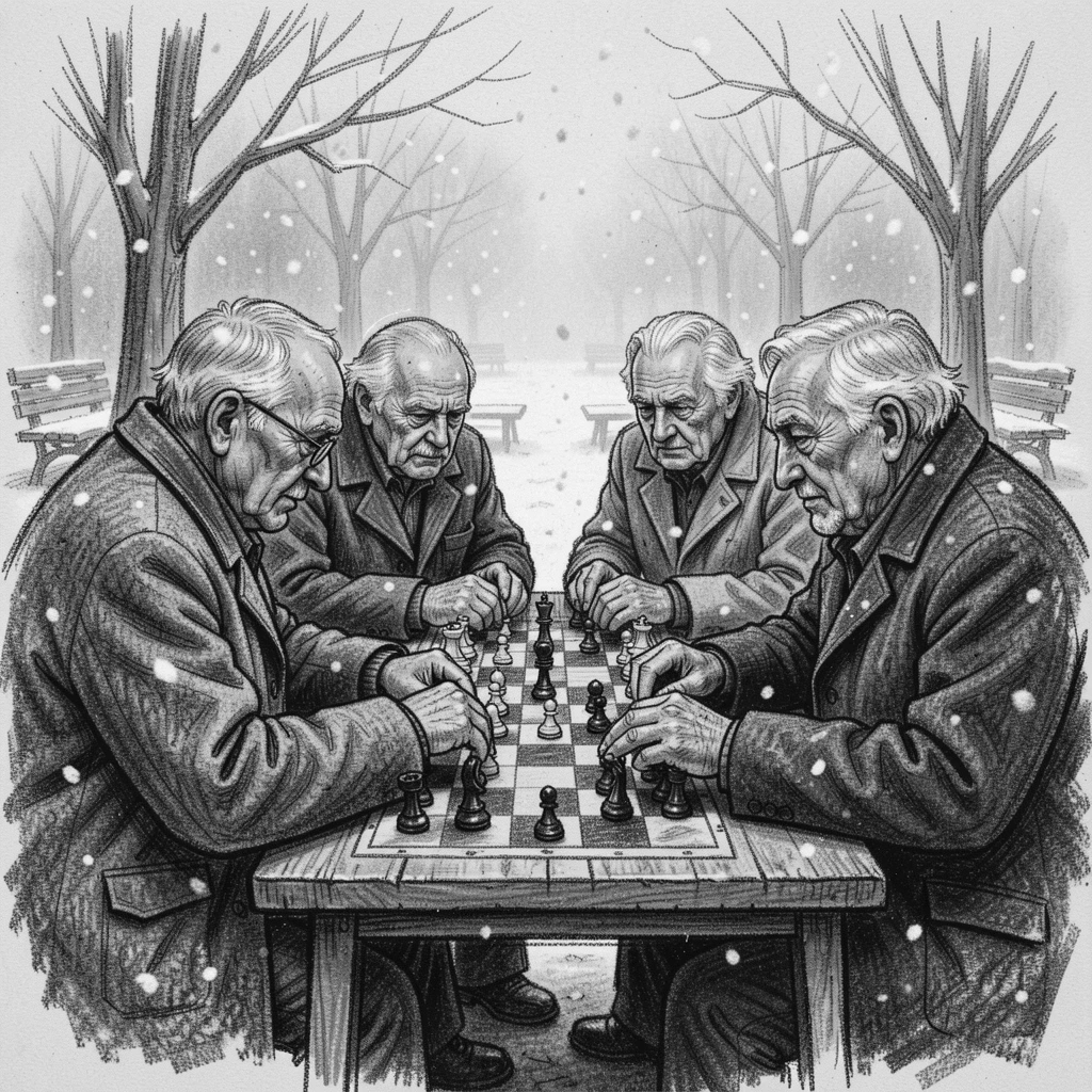 A group of elderly men playing chess in a park, under a soft blanket of falling snow.