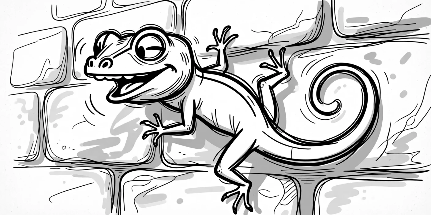 A gecko clinging to a sunlit stone wall, tail curled playfully.