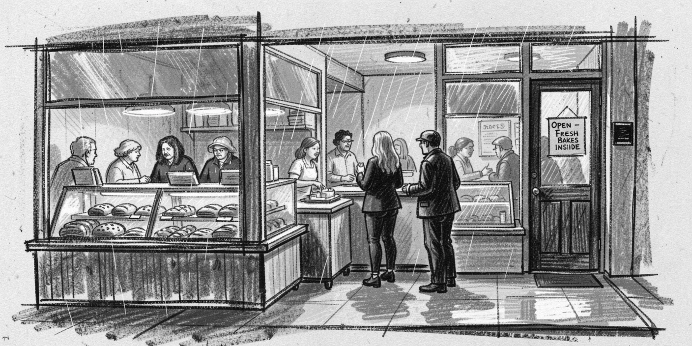 A busy morning at a small neighborhood bakery, as gentle rain patters down around them.