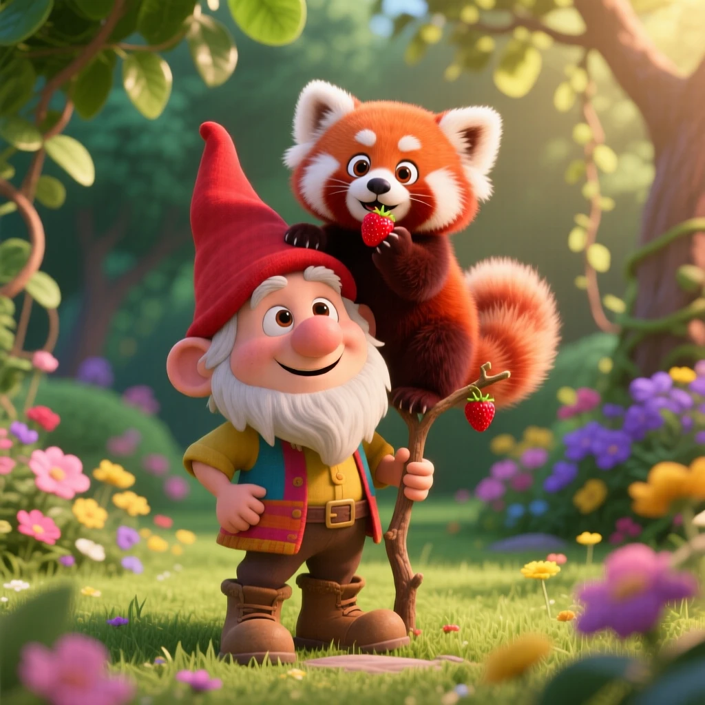 A baby red panda is perched on a garden gnome's shoulder, nibbling on a piece of fruit. The mood is soft, tender, and endearing, with warm colors filling the background.