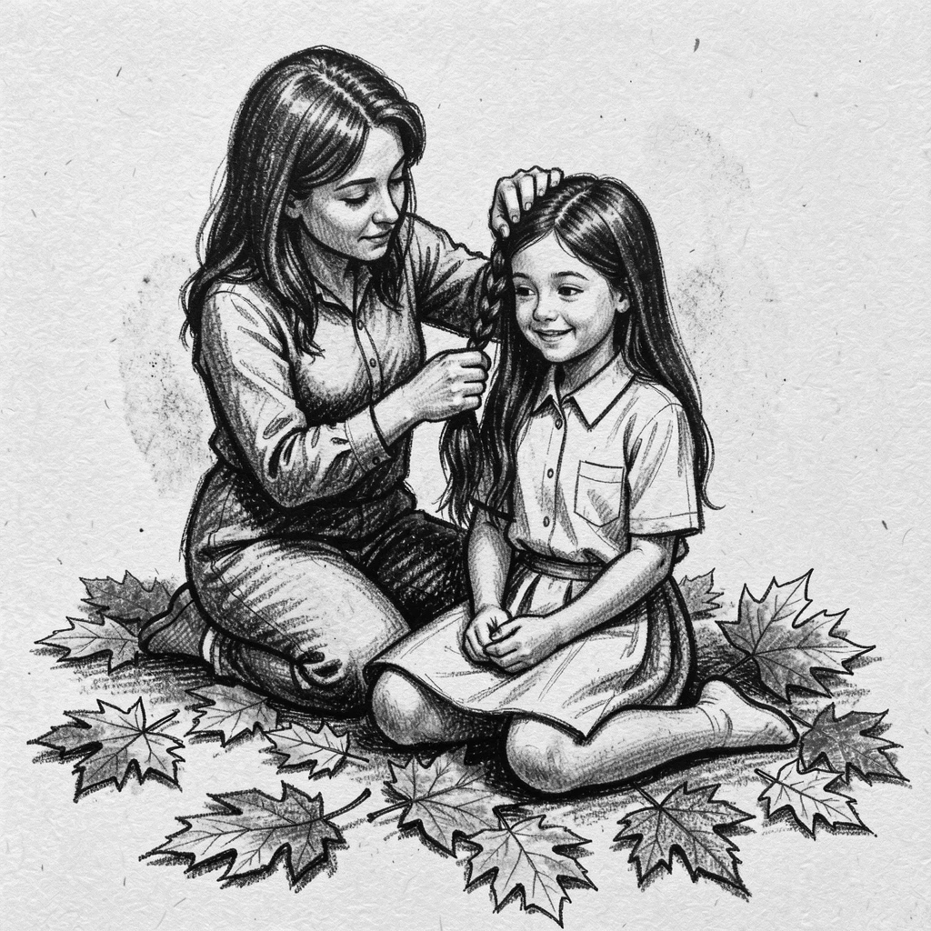 A mother braiding her daughter's hair before school, with autumn leaves scattered underfoot.