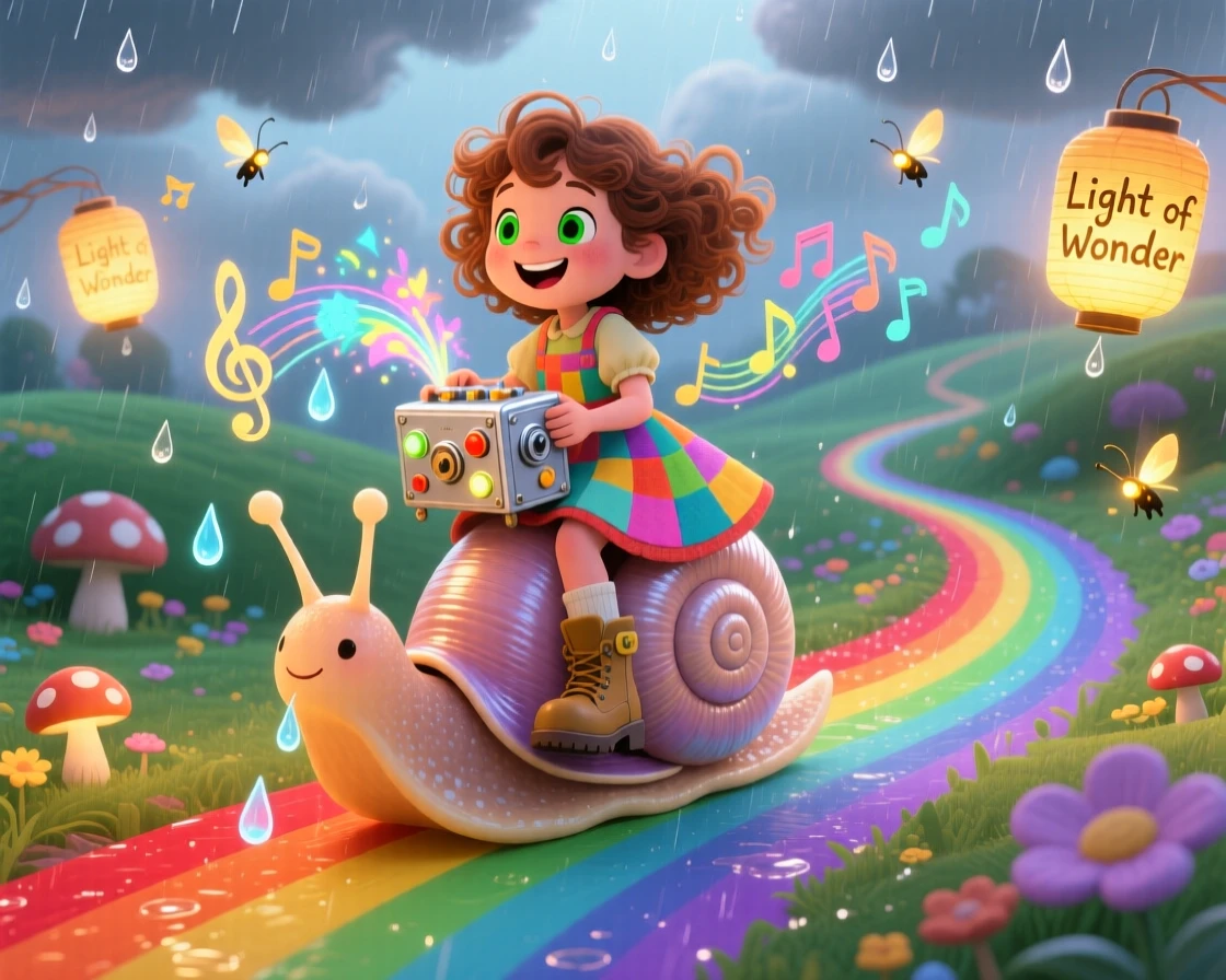 A girl riding a giant snail delights in inventing a machine that turns raindrops into music, tucked within a land where every path is a rainbow, while little lanterns bob gently in the wind.
