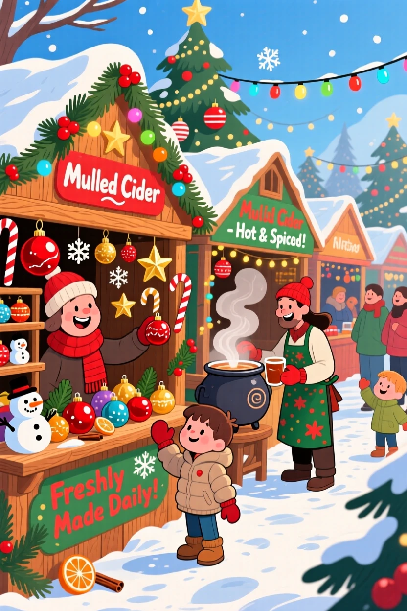 A holiday market with wooden stalls selling ornaments and mulled cider.