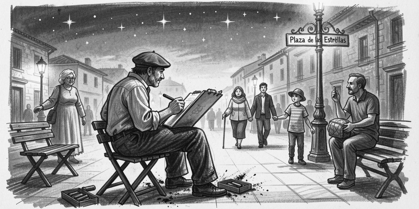 A street artist sketching passersby in a plaza, as the first stars appear overhead.