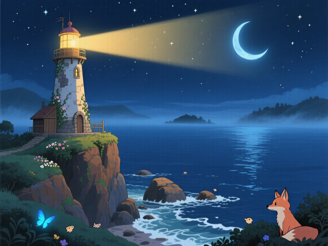 A nighttime scene of a lighthouse beam sweeping across a dark, calm sea, peacefully luminous.