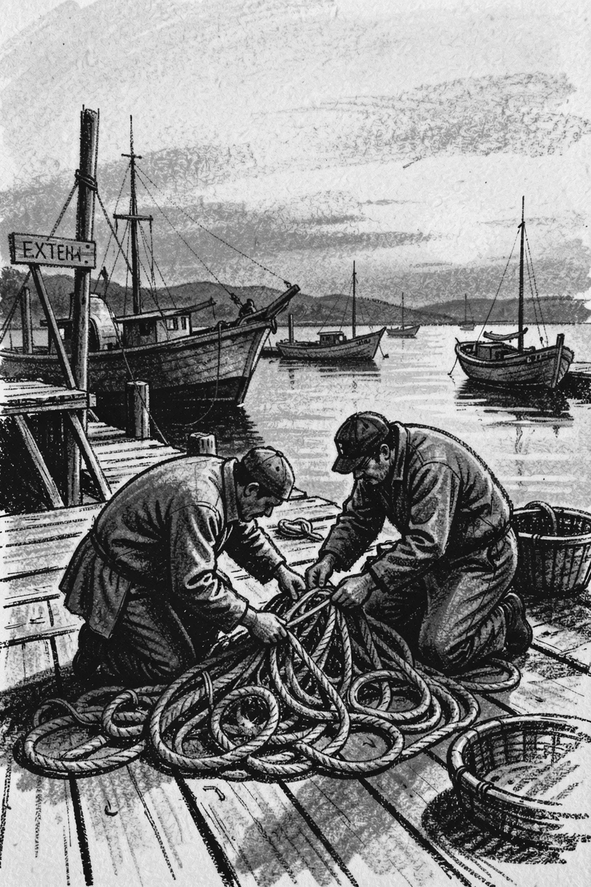 Fishermen mending their nets at a small harbor, as the last light of day fades to dusk.