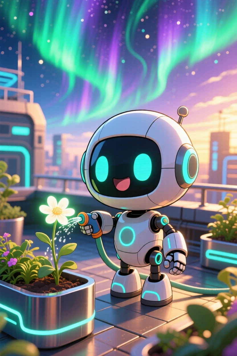 In a futuristic rooftop garden, a small round robot is watering a glowing flower with a tiny hose beneath swirling aurora-lit skies, bathed in soft golden-hour sunlight, expression full of triumphant pride. Shot as a close-up portrait.