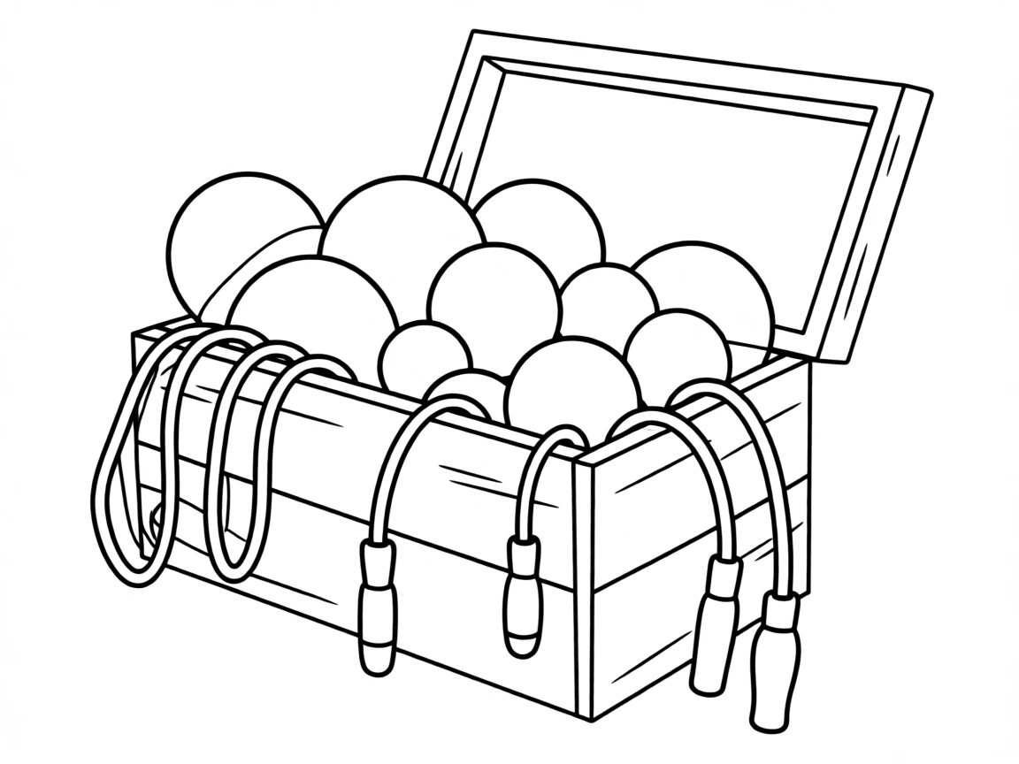 A toy box full of colorful balls and jump ropes