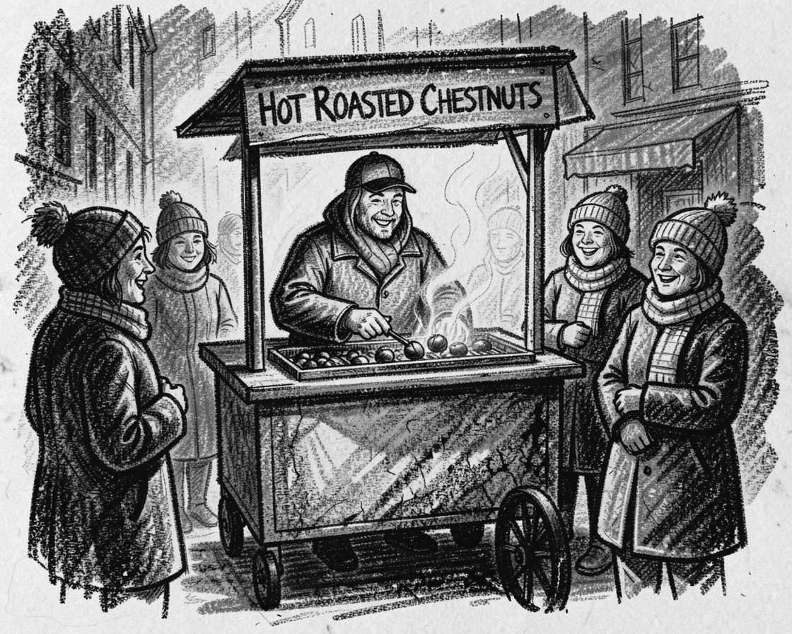 A street vendor selling roasted chestnuts on a cold evening, with everyone smiling and full of warmth.