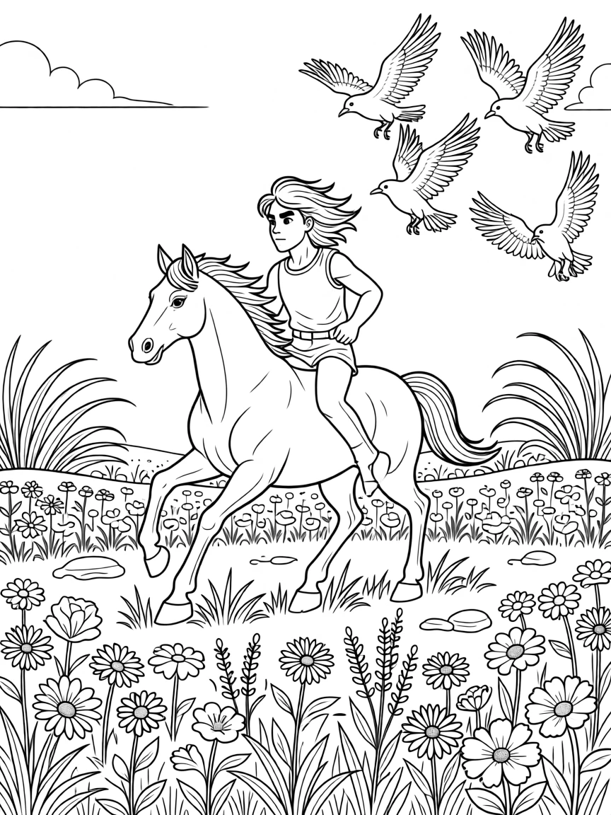 A centaur galloping through a flowering meadow, with a flock of ravens scattering into the sky.