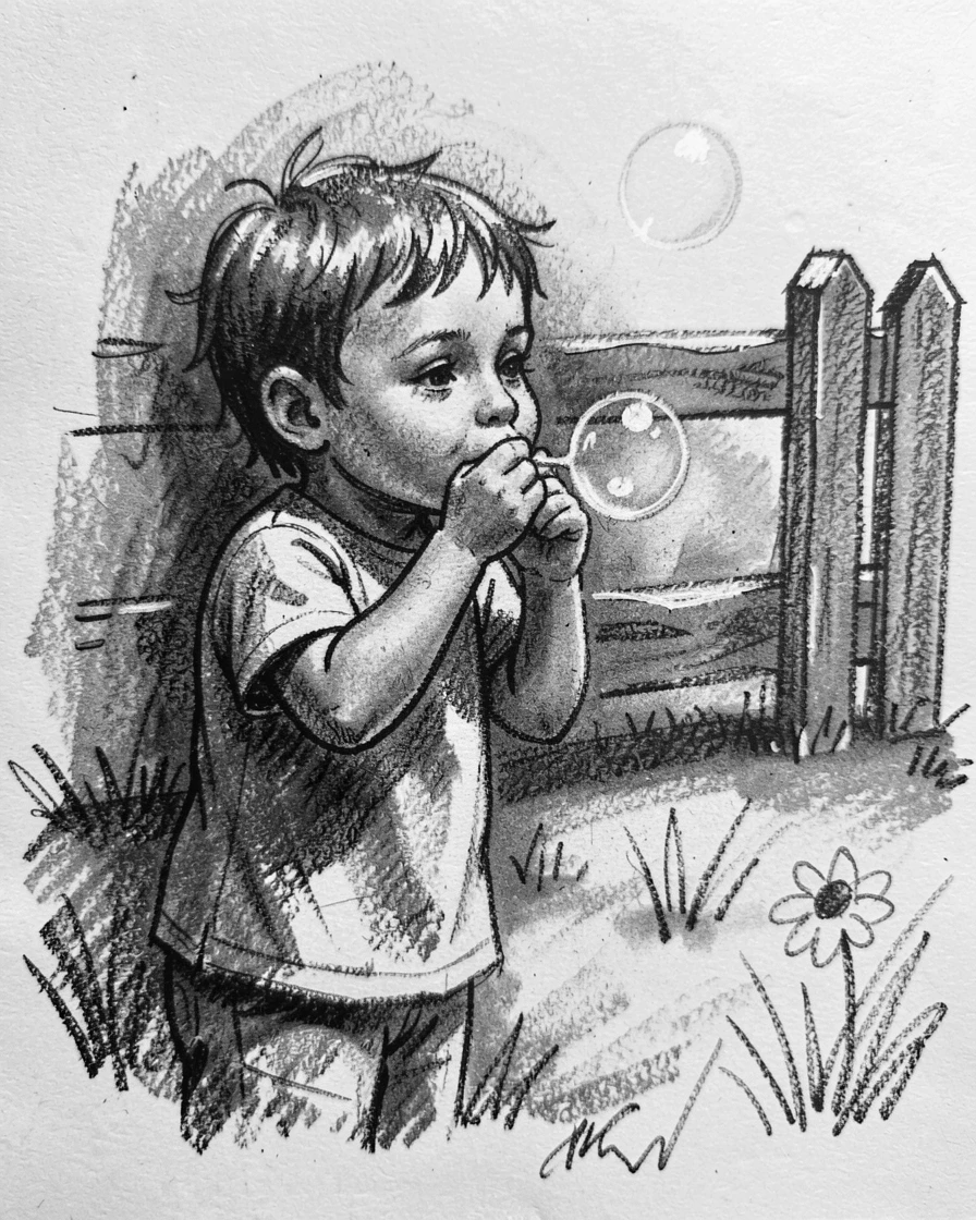 A child blowing bubbles in a sunny backyard, in a moment of quiet togetherness.