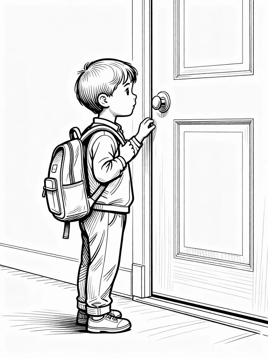 A child getting ready for school with a backpack by the door
