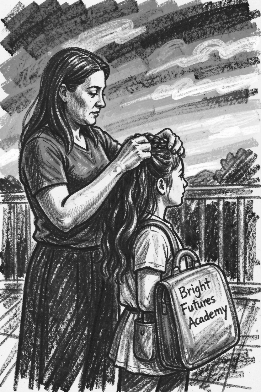 A mother braiding her daughter's hair before school, beneath a sky streaked with sunset colors.