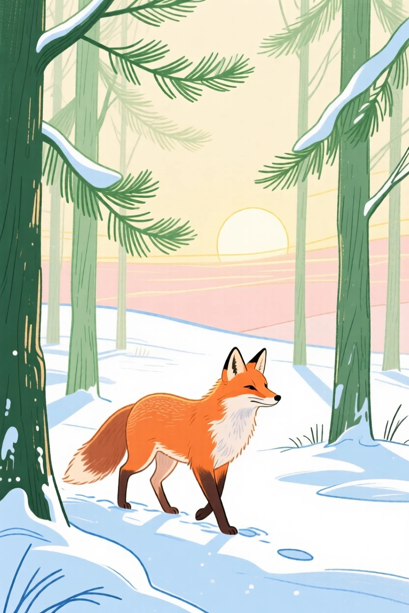 A curious fox wandering in a snowy pine forest at sunrise.