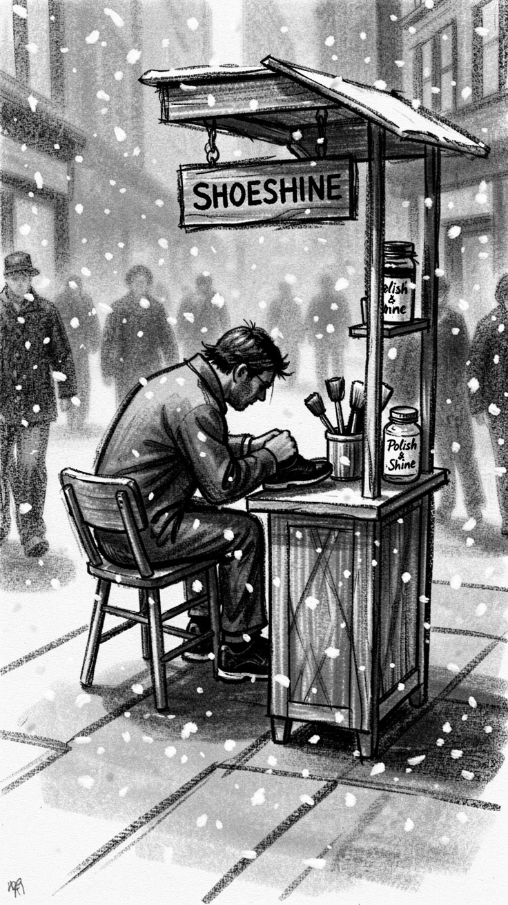 A shoeshine stand on a busy city sidewalk, under a soft blanket of falling snow.