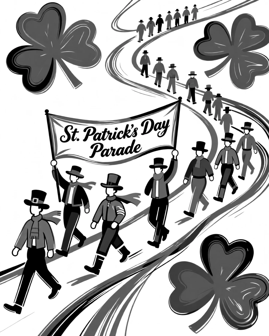A festive St. Patrick's Day parade with green-clad marchers and shamrocks.