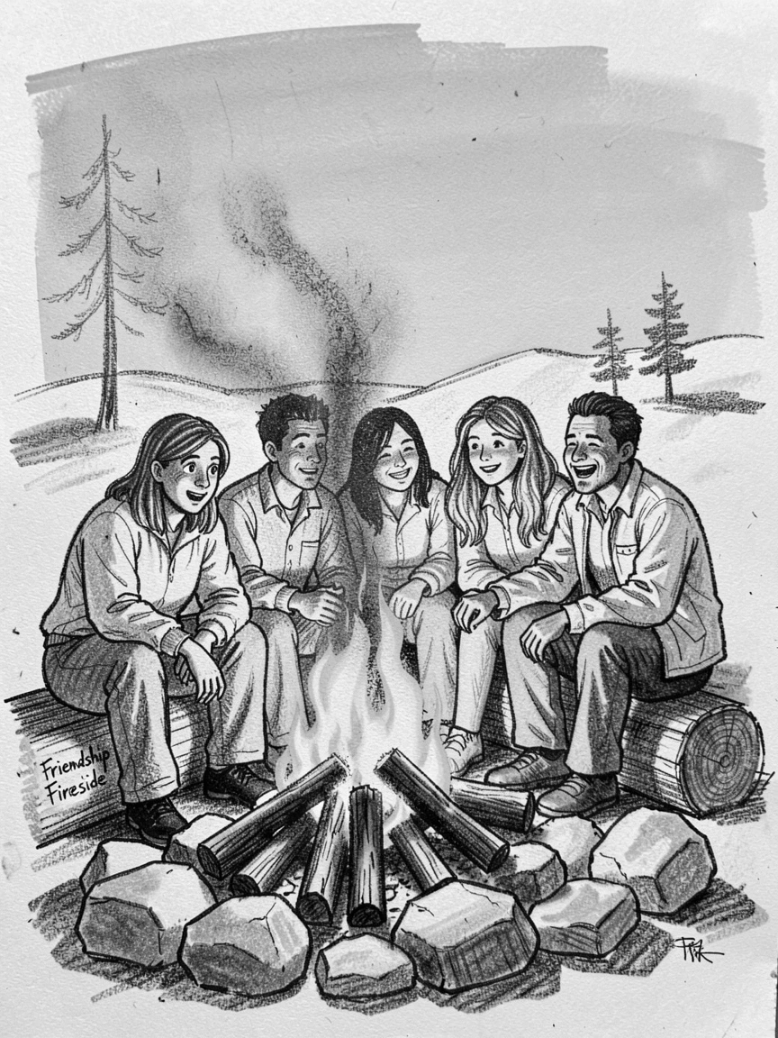 Friends gathered around a campfire telling stories, under a clear blue midday sky.