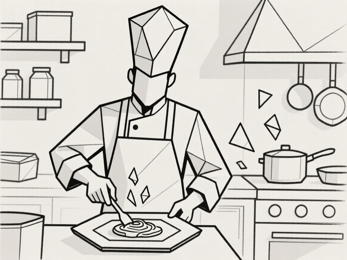 A chef plating a dish in a busy kitchen