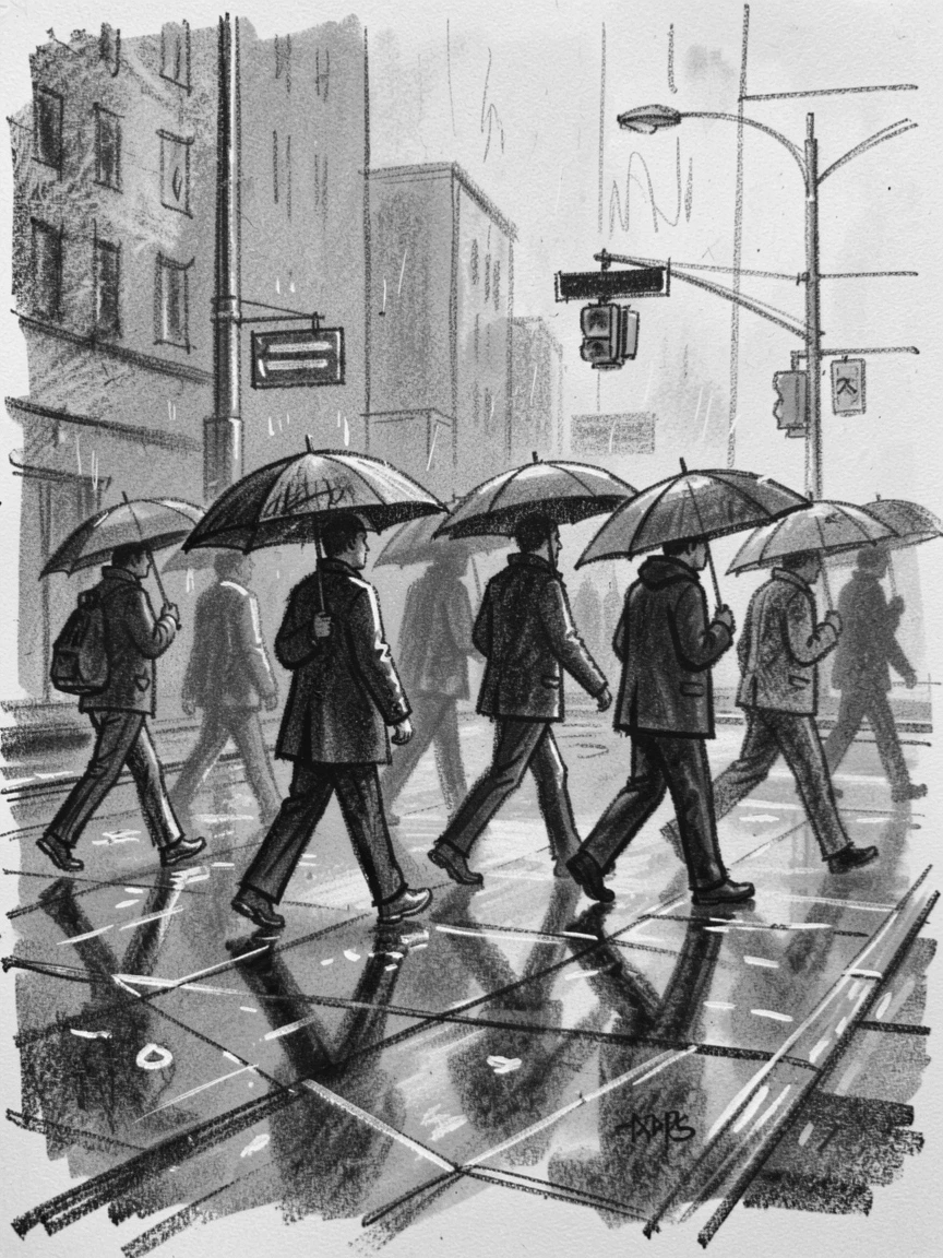 Commuters crossing a rain-soaked city street with umbrellas, in the warm glow of early morning light.