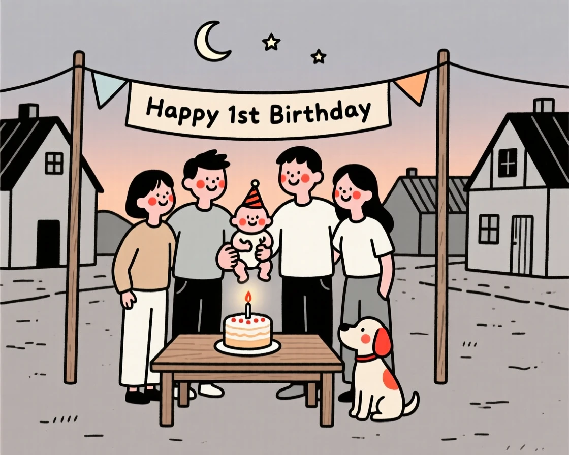 A group of friends celebrating a baby's first birthday, on a village square at dusk.