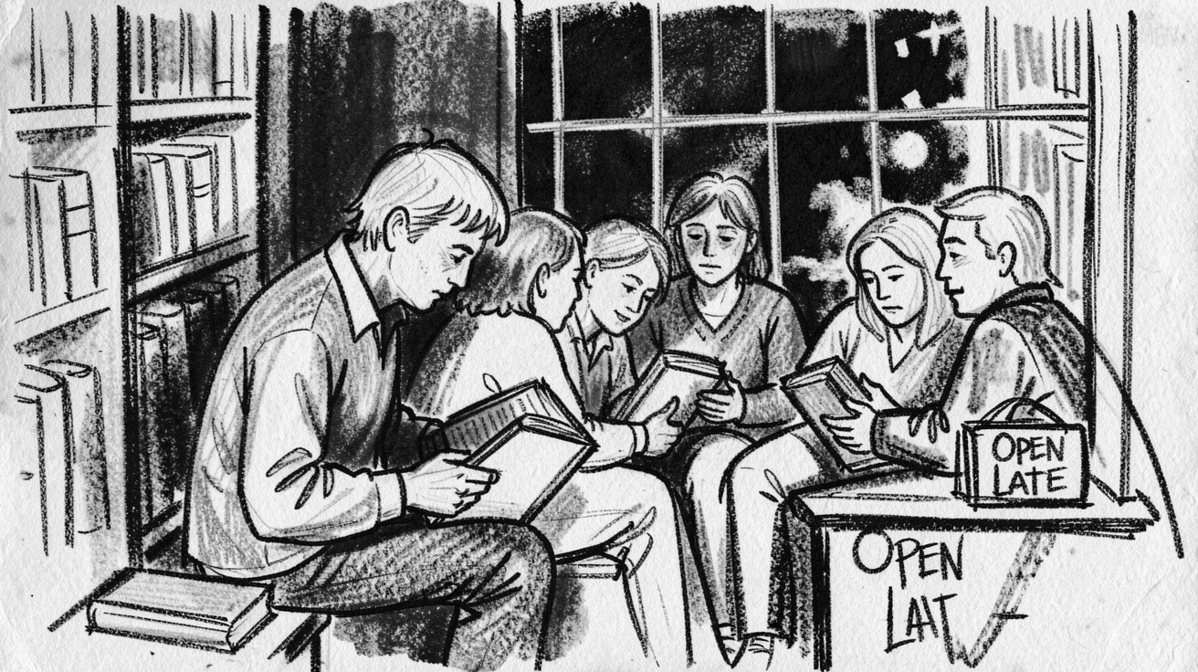 A late-night bookstore with a single reader by the window, with everyone gathered close together.