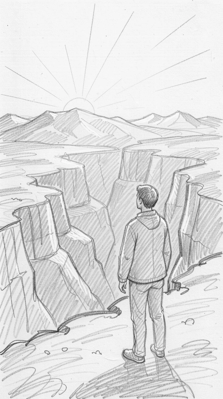 A person standing at the edge of a vast canyon at sunrise, as the sun rises over distant mountains, filled with a profound sense of peace.