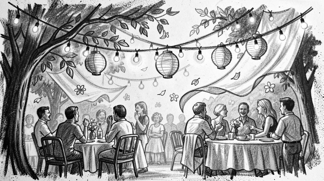 A summer garden party with string lights and lanterns, with a light breeze stirring the surroundings.
