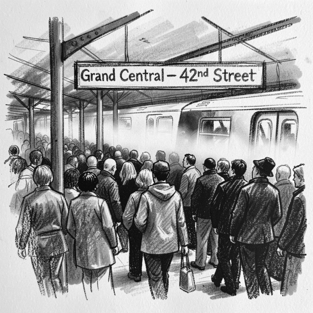 A crowded subway platform during rush hour, with a gentle mist rolling through the background.