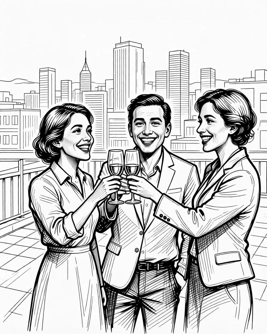 A joyful toast raised at a rooftop celebration overlooking a city skyline.