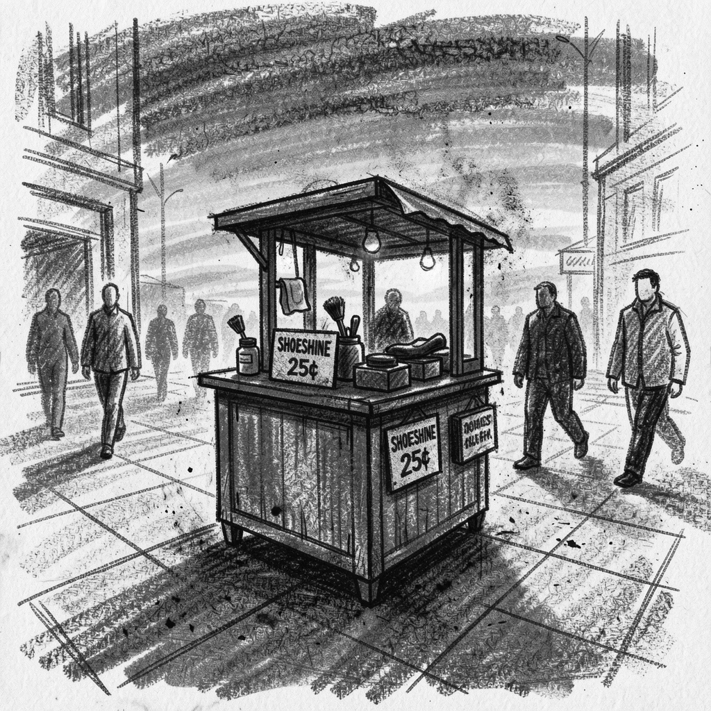 A shoeshine stand on a busy city sidewalk, beneath a sky streaked with sunset colors.