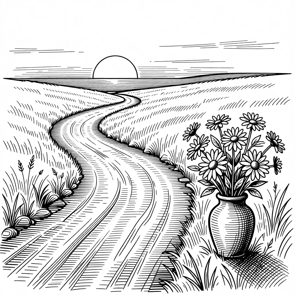 A path winding toward a distant sunrise as the world outside quietly slows down, with a small vase of fresh flowers nearby, evoking a full of quiet gratitude sense of calm.