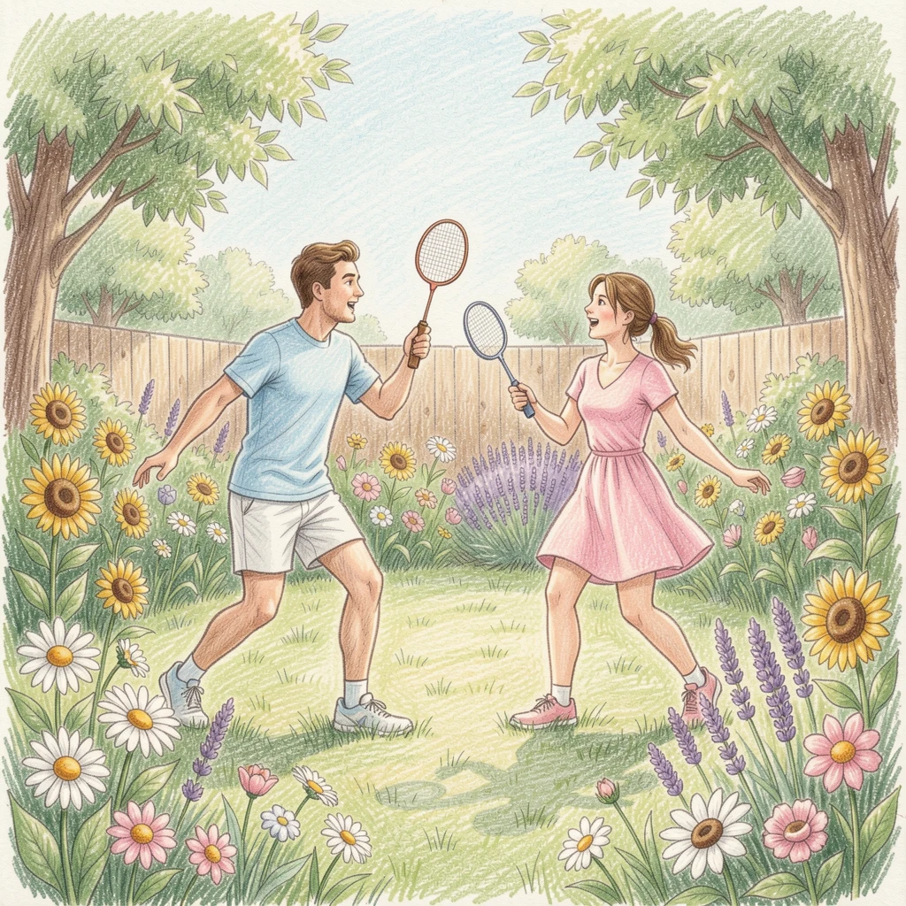 A summer badminton game in a flower-filled backyard, with soft, natural light bringing warmth to every detail, capturing a quiet story that lingers with the viewer.