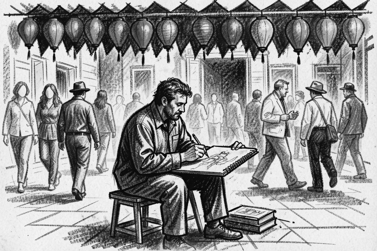 A street artist sketching passersby in a plaza, under a canopy of colorful lanterns.