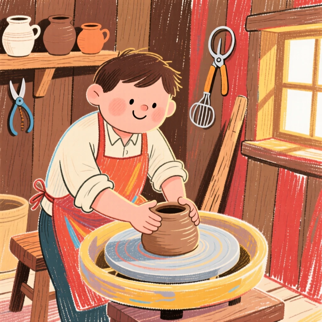 A potter shaping clay on a wheel in a rustic workshop.