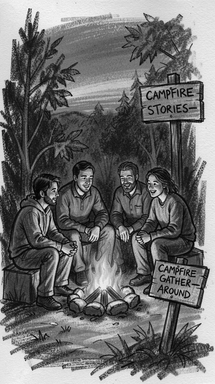 Friends gathered around a campfire telling stories, as the last light of day fades to dusk.