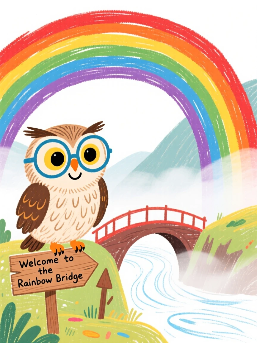 A wise talking owl wearing round spectacles beside a rainbow bridge over a misty valley.
