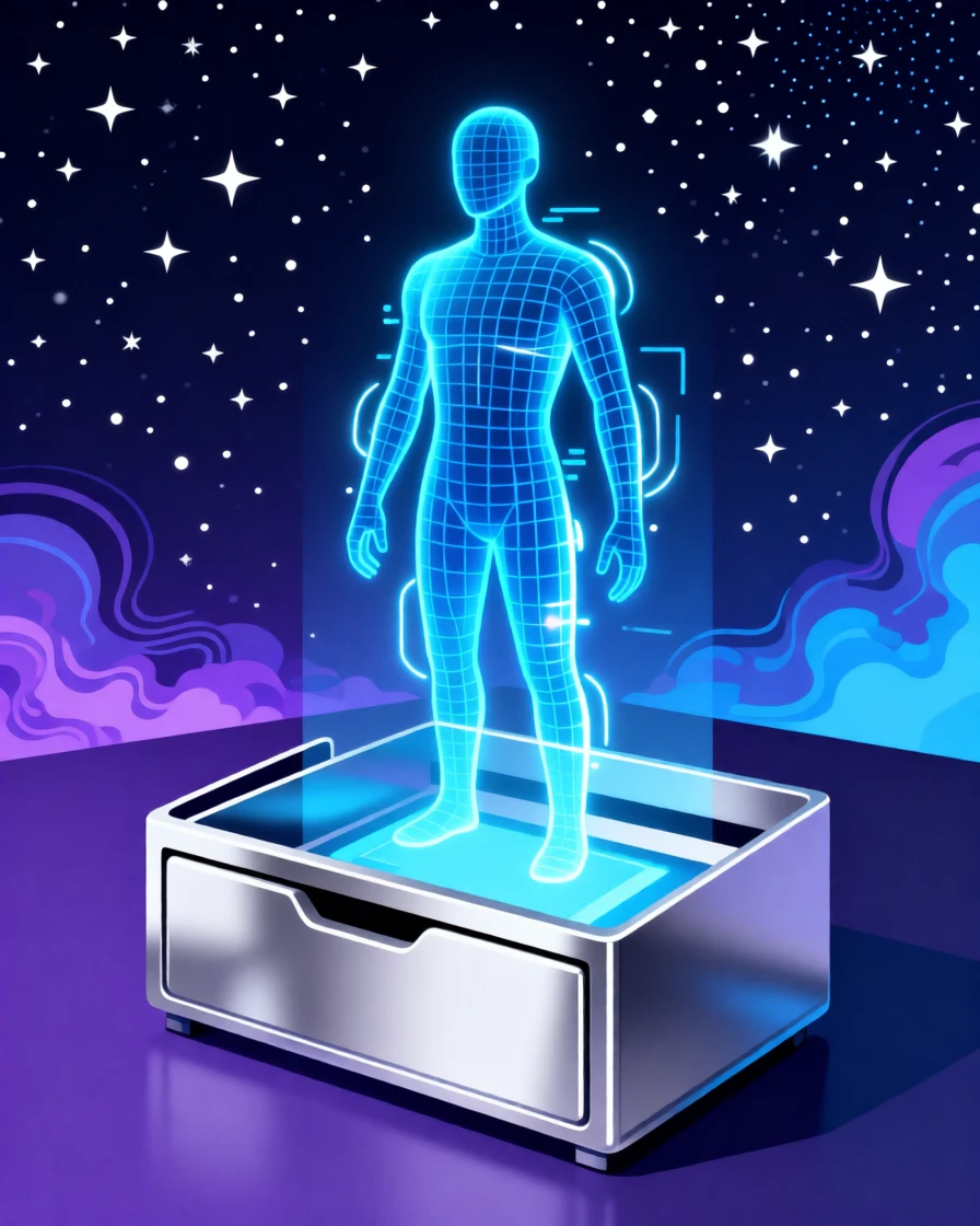 A holographic assistant projected above a desk organizer, set against a backdrop of starry outer space, arranged with balanced negative space around the subject, with sleek metallic textures catching soft light.