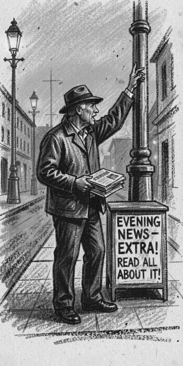 A newspaper vendor calling out headlines on a corner, as the last light of day fades to dusk.