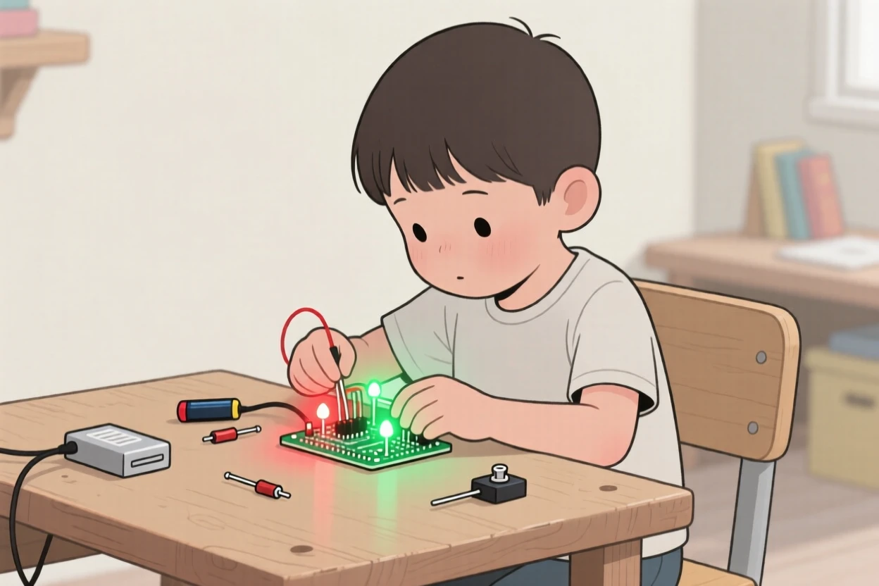A child building a small circuit project with blinking lights at a workbench.
