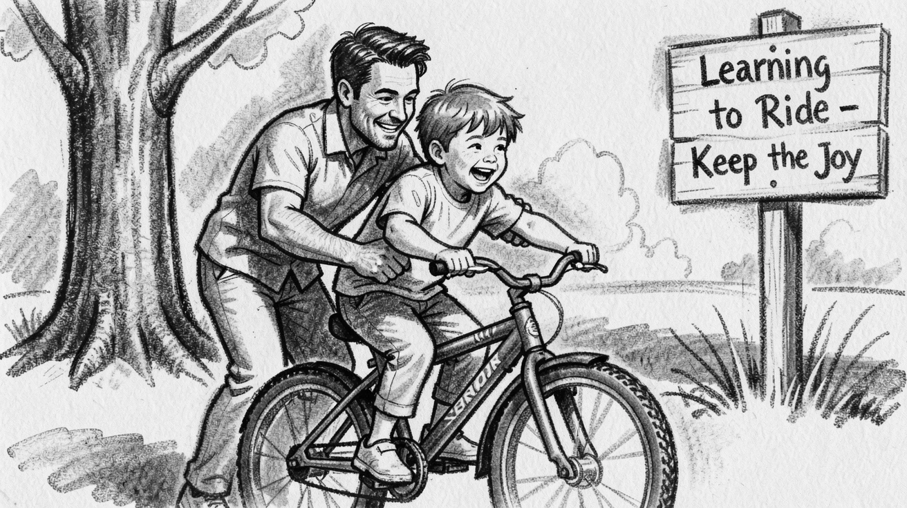 A father teaching his son to ride a bicycle, as laughter fills the air around them.