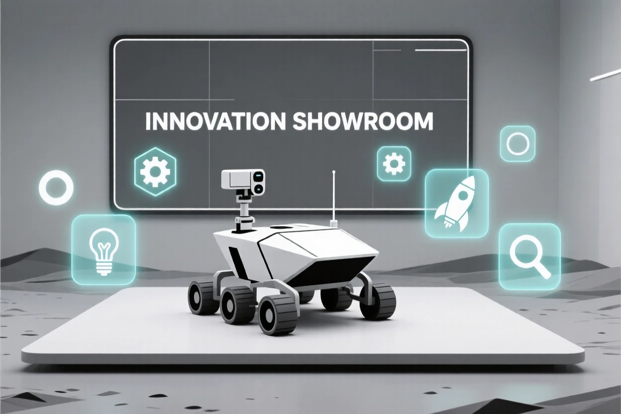 A sleek space rover exploring terrain placed in an innovation showroom, surrounded by floating holographic icons, conveying inventive curiosity.