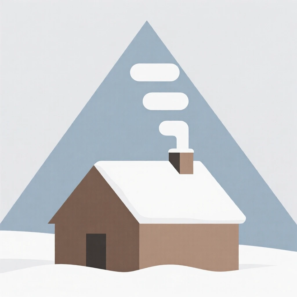 A snow-covered mountain cabin with smoke rising