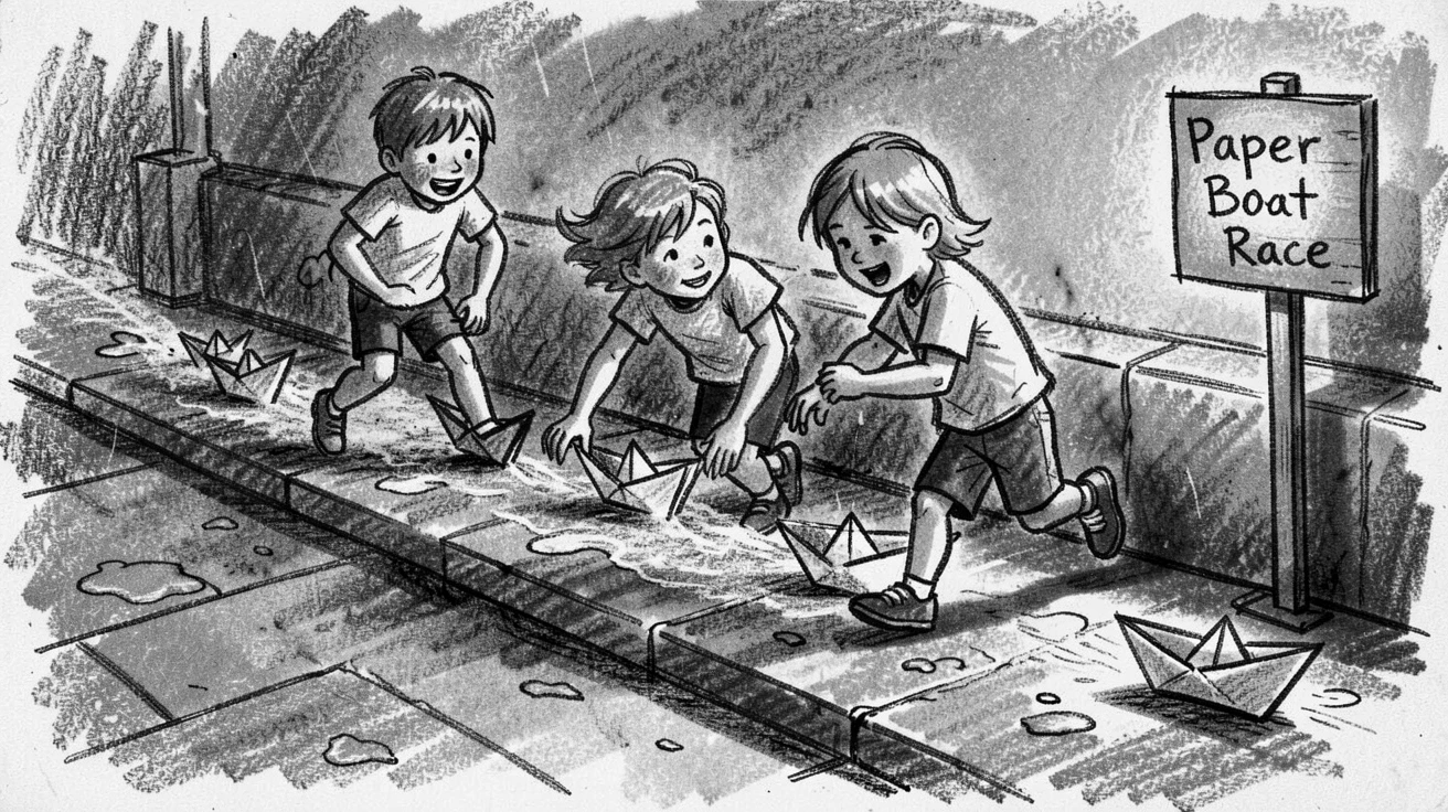Kids racing paper boats down a rain gutter, as soft candlelight flickers nearby.