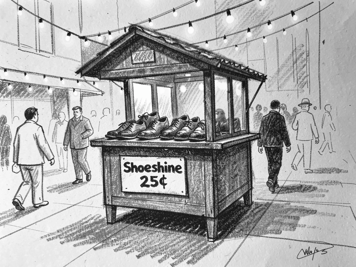 A shoeshine stand on a busy city sidewalk, under the warm glow of string lights.